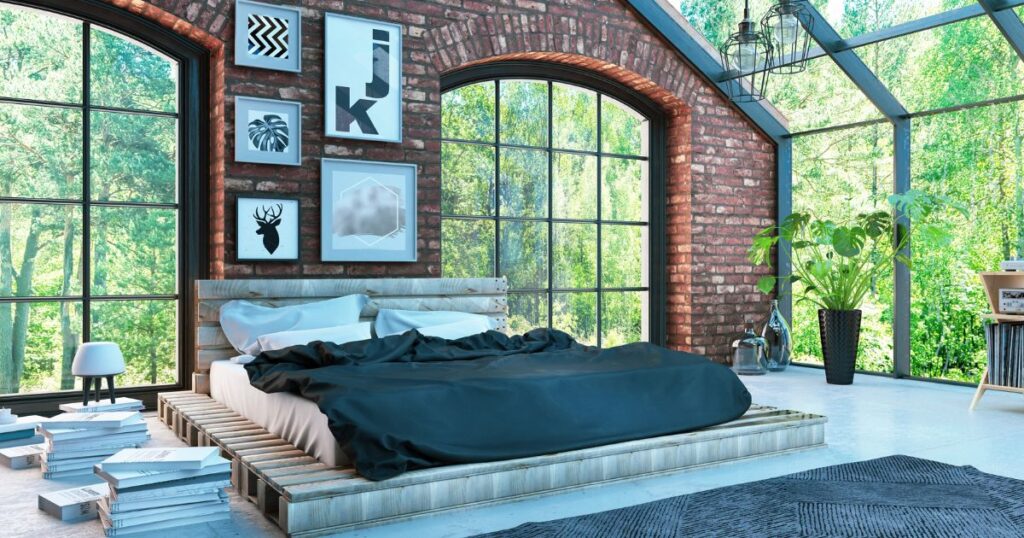 Futon creating the illusion of space in a bedroom.